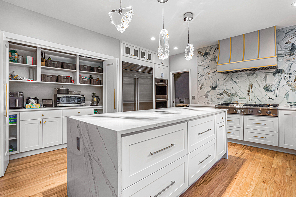 fancy kitchen island and coffee bar