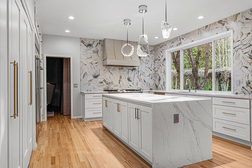 fancy kitchen tile wall and island